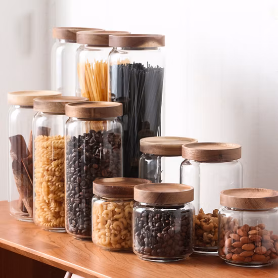 325/500/750/1000/1800ml High Borosilicate Home Kitchen Food Spice Glass Storage Container Canister Jar with Quality Sealed Silicone Ring Wood Acacia Lid Cover